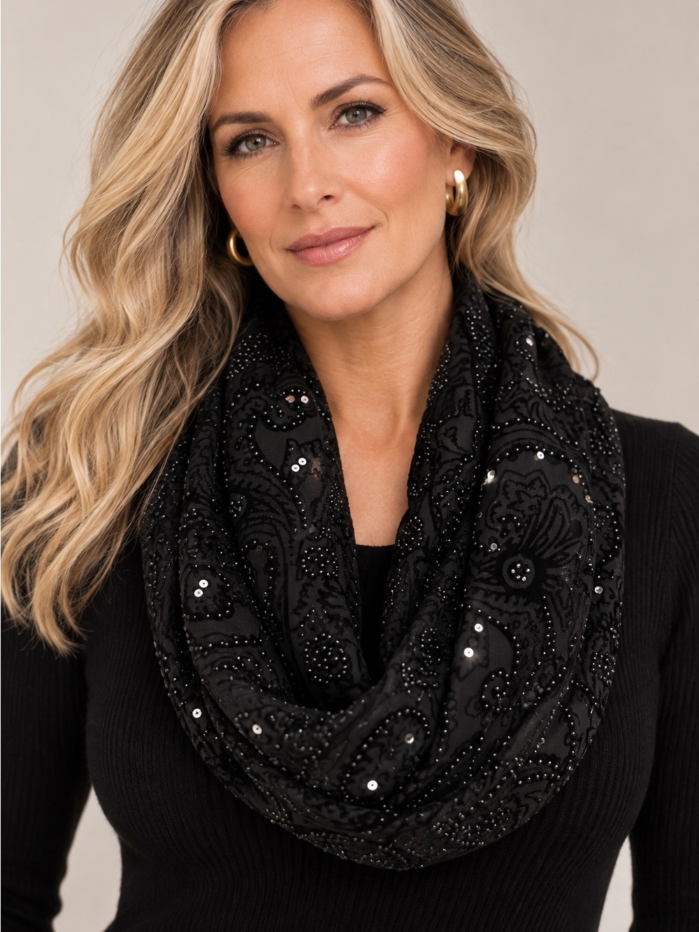 J.Jill NWT Black Embellished Paisley Velvet Burnout Infinity Scarf One Size